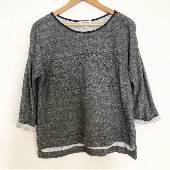 🍁 Monteau | Gray Embellished Rolled Sleeve Top - Picture 1 of 6